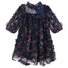 Girls Navy Blue Floral Ruffled Tulle Dress, 1, hi-res