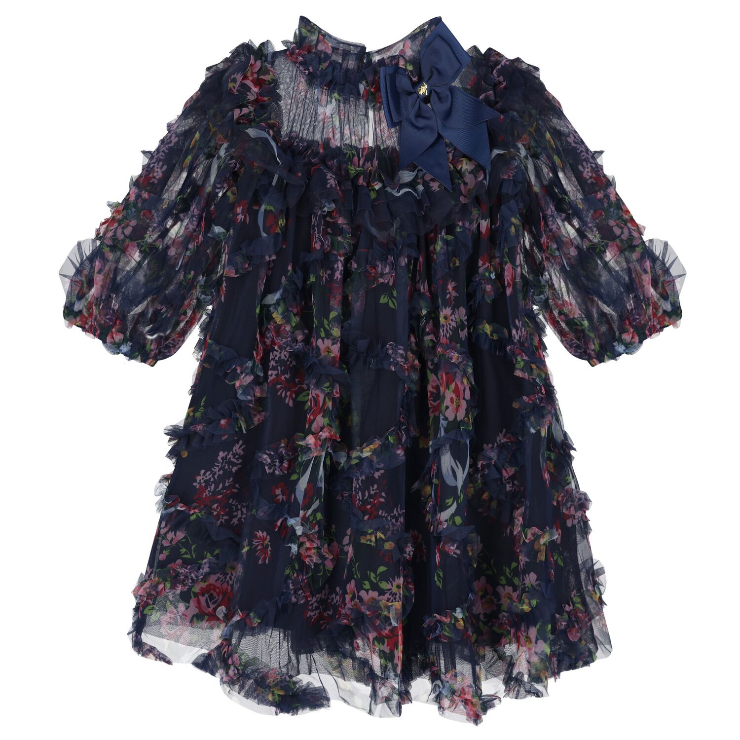 Girls Navy Blue Floral Ruffled Tulle Dress, 1, hi-res