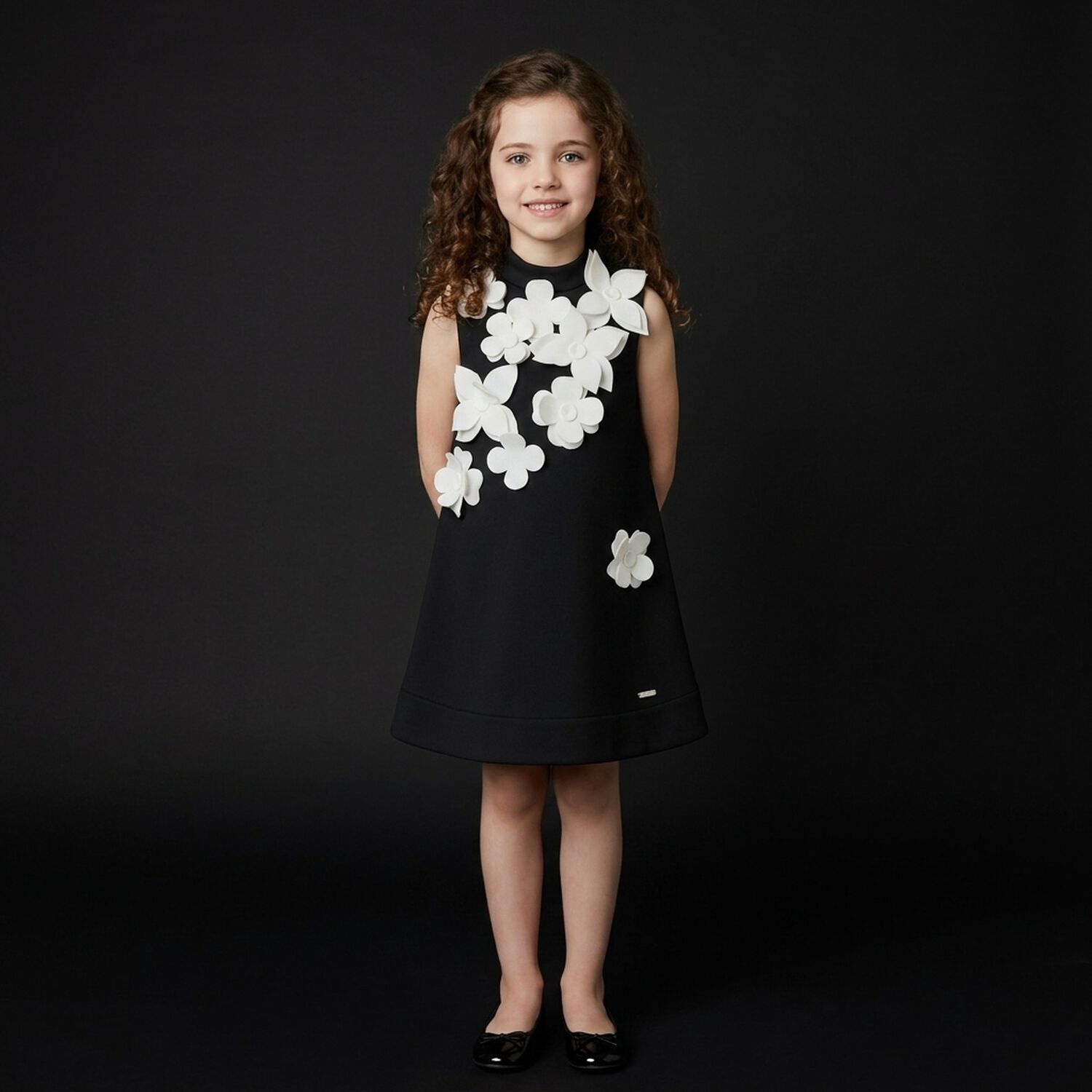 Girls Black & White Floral Dress, 1, hi-res