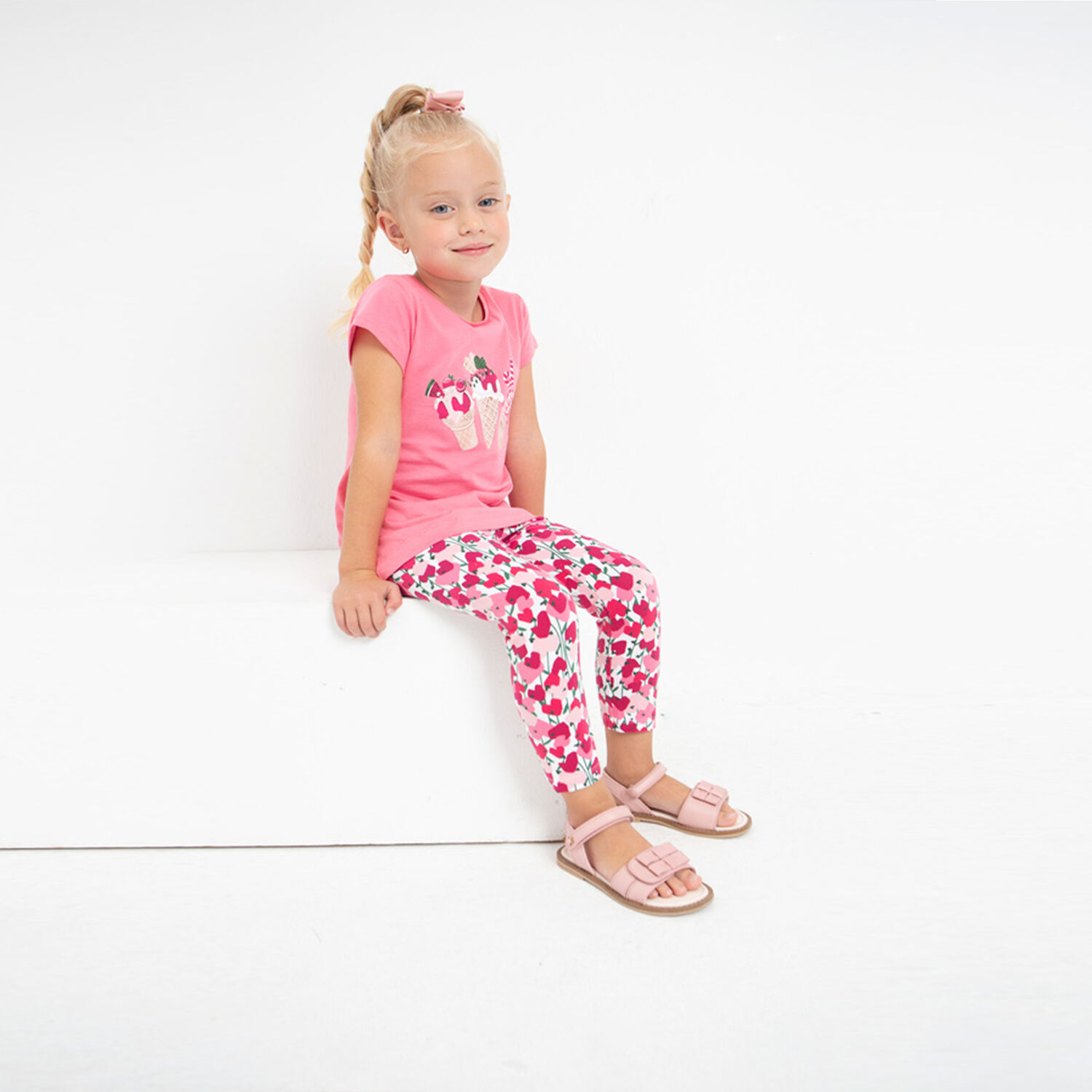Girls Ivory & Pink Hearts Leggings, 1, hi-res image number null