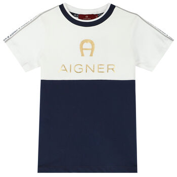 Boys White & Navy Logo T-Shirt