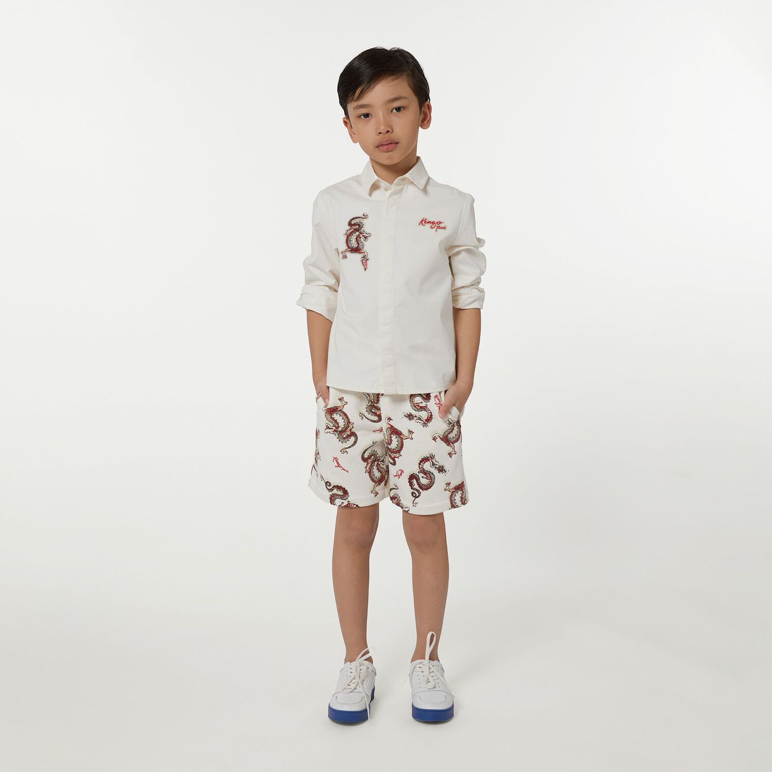 Boys Ivory & Red Logo Shorts, 1, hi-res