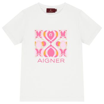 Aigner تيشيرت بنات بالشعار باللون الأبيض و الوردى, 1 تيشيرت بنات بالشعار باللون الأبيض و الوردى
