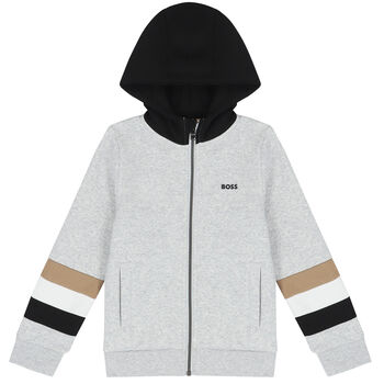 Boys Grey Logo Hooded Zip Up Top