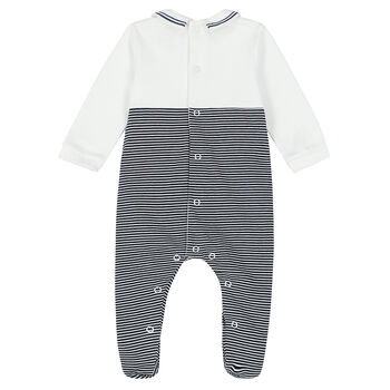Baby Boys White & Navy Striped Babygrow
