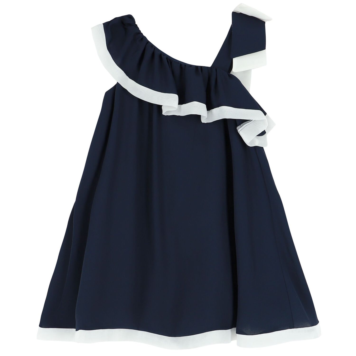 Girls Navy Blue & White Chiffon Dress, 1, hi-res