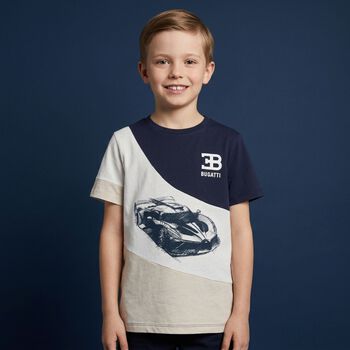 Boys Navy Blue, White & Beige Logo T-Shirt