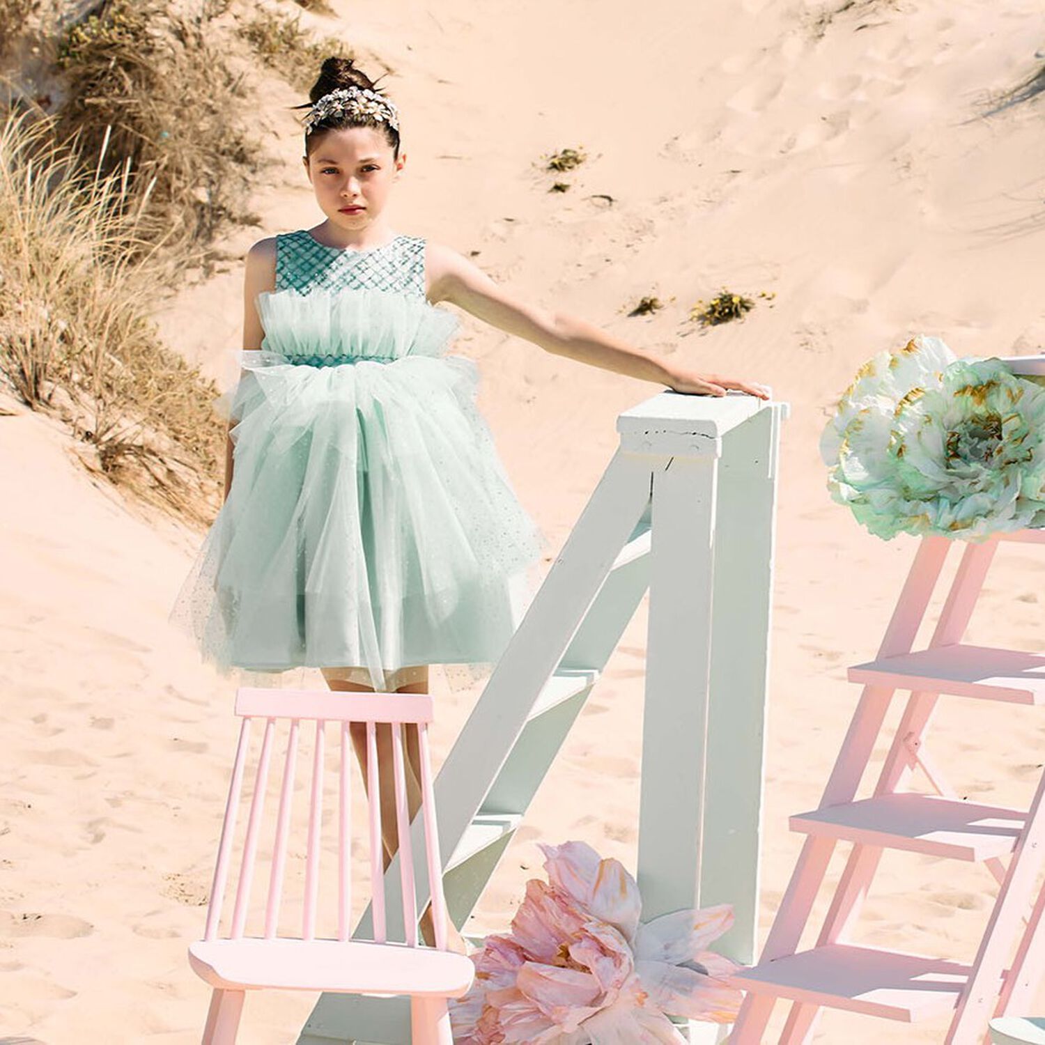 Girls Green Embellished Haute Couture Dress, 1, hi-res