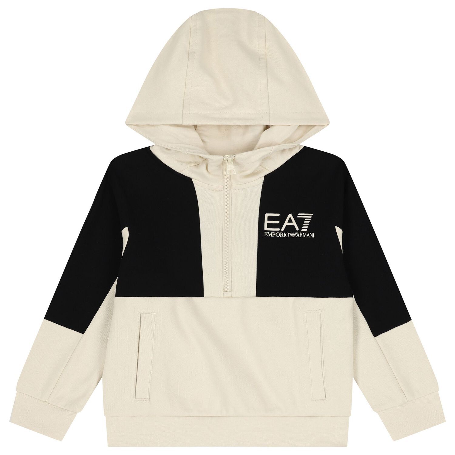 Boys Black & Ivory Logo Hooded Zip Up, 1, hi-res