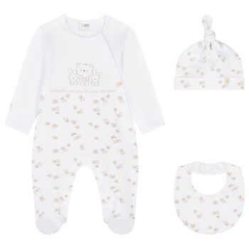 White & Beige Teddy Bear Babygrow Gift Set