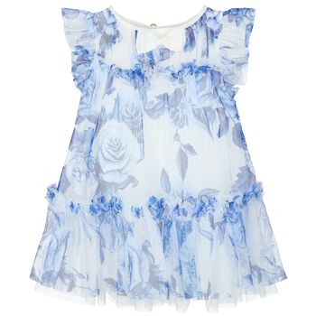 Baby Girls White & Blue Floral Tulle Dress