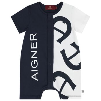 Baby Boys Navy Blue & White Logo Romper