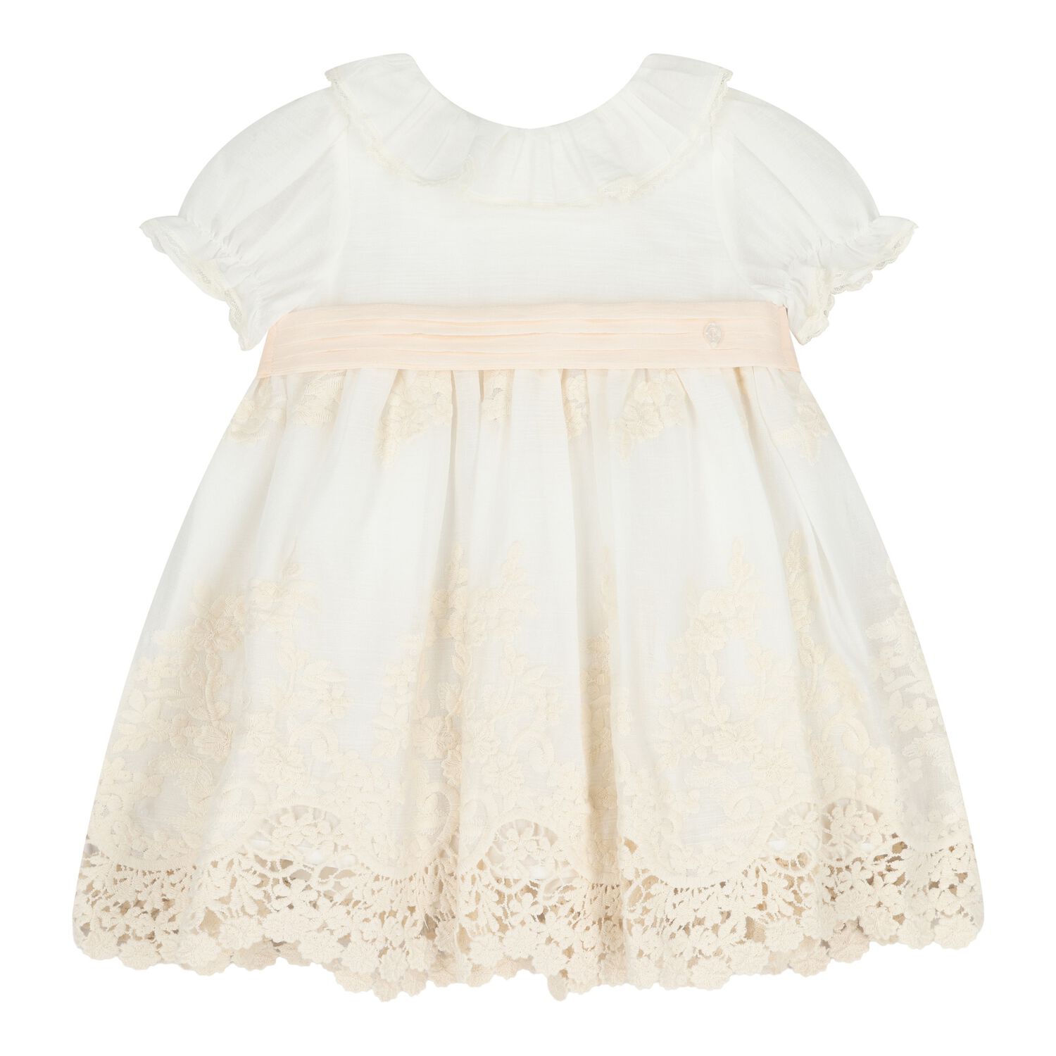 Baby Girls White & Pink Floral Embroidered Dress, 1, hi-res