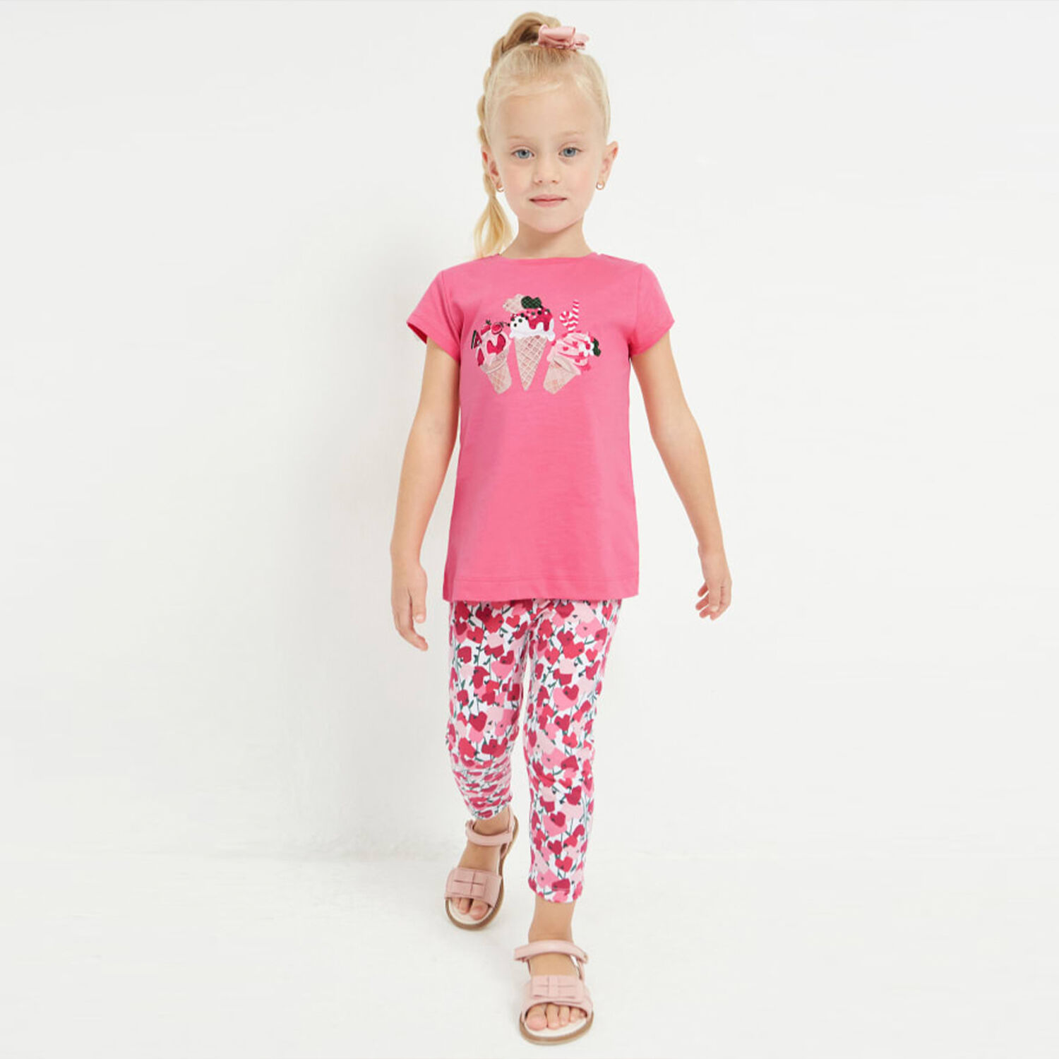 Girls Ivory & Pink Hearts Leggings, 1, hi-res image number null