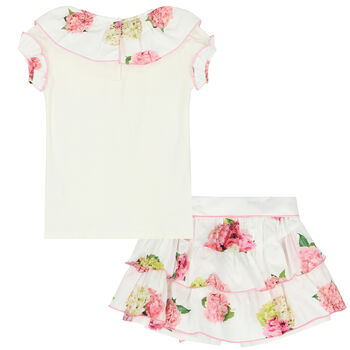 طقم تنورة بطبعة زهور باللون الأبيض والوردي