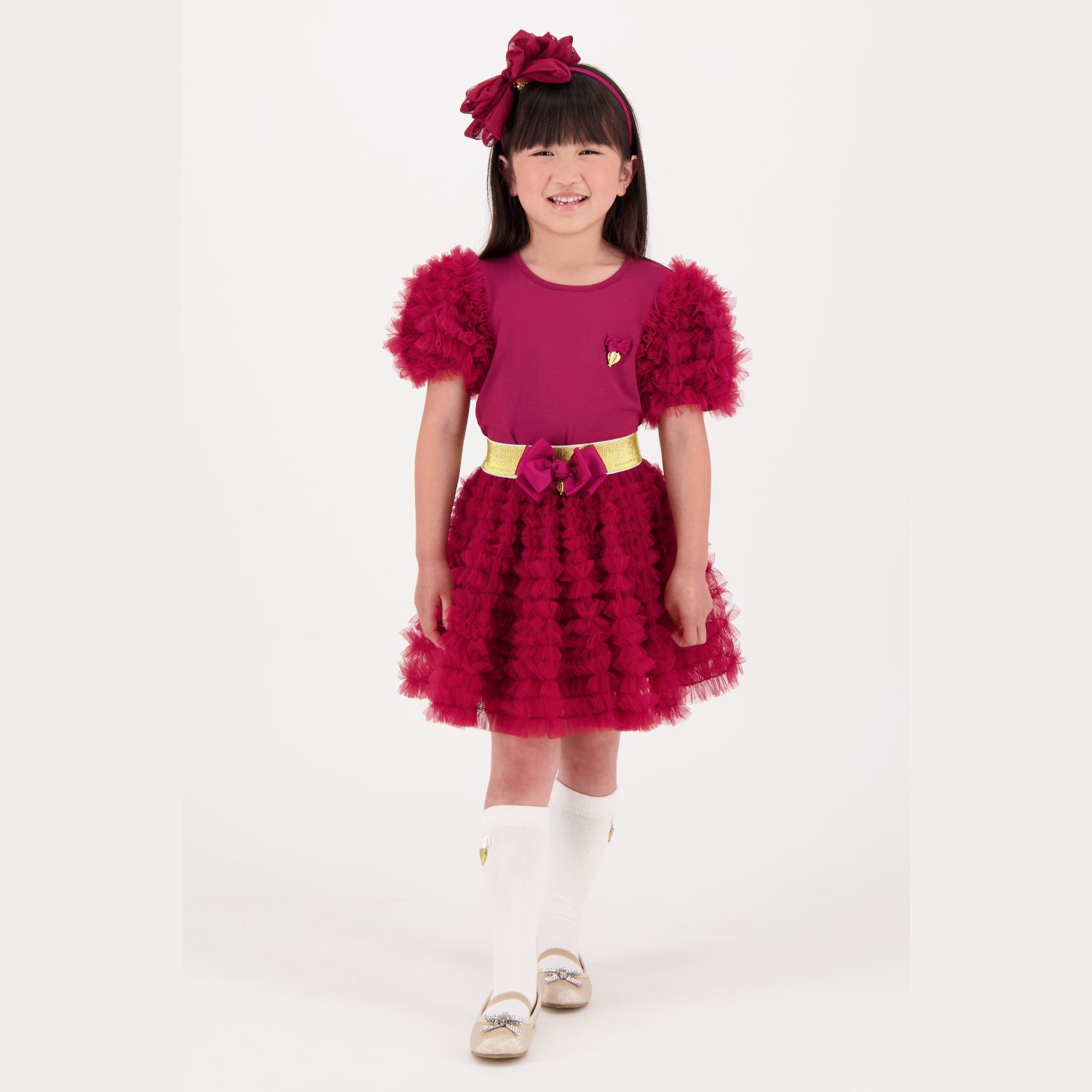 Girls Burgundy Tulle Sleeve T-Shirt, 3, hi-res image number null