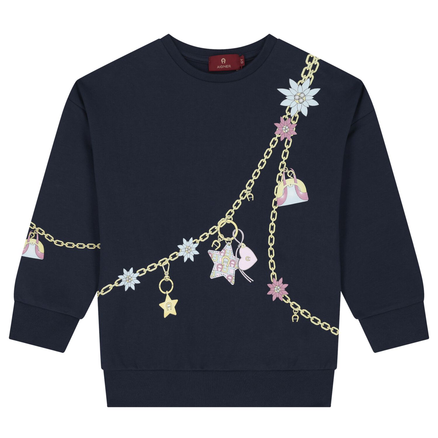 Girls Navy Blue Chain Sweatshirt, 1, hi-res
