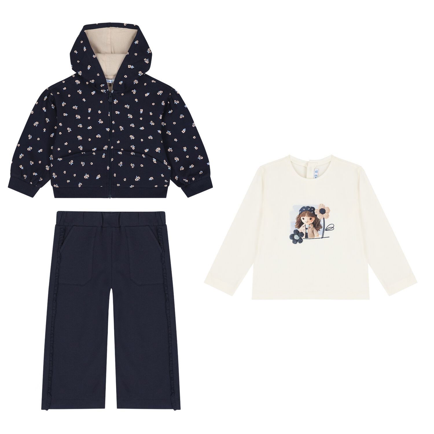 Younger Girls Ivory & Navy Blue Floral Tracksuit Set, 2, hi-res