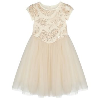 Girls Beige & Gold Tulle Dress