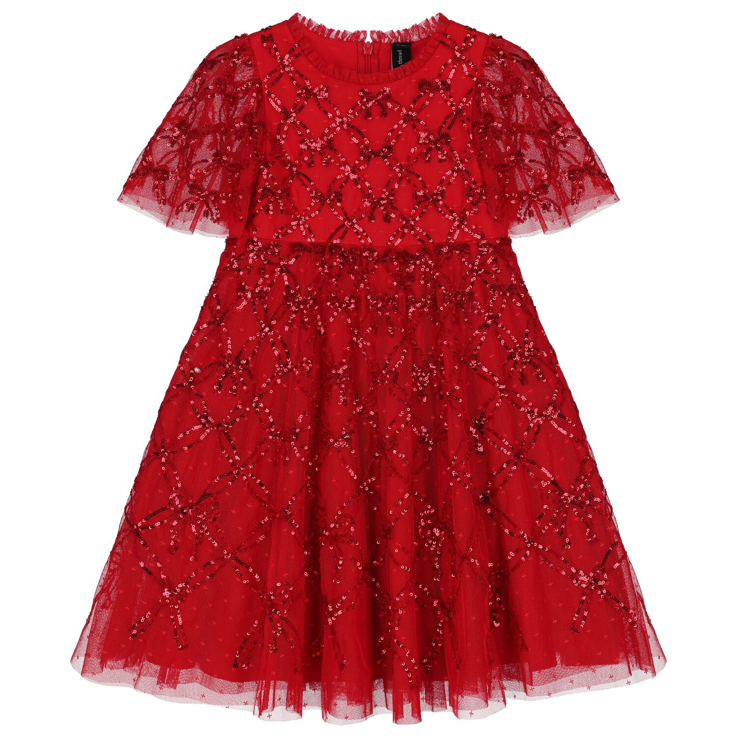 Girls Red Bow Lattice Sequin Tulle Dress, 1, hi-res