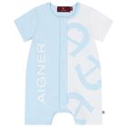 Baby Boys Blue & White Logo Romper, 1, hi-res