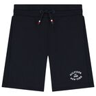 Boys Navy Blue Logo Shorts, 1, hi-res
