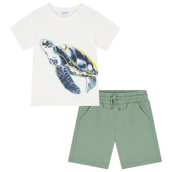 Boys White & Green Shorts Set