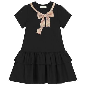 فستان للبنات باللون أسود وبيج مزين بفيونكة وشعار