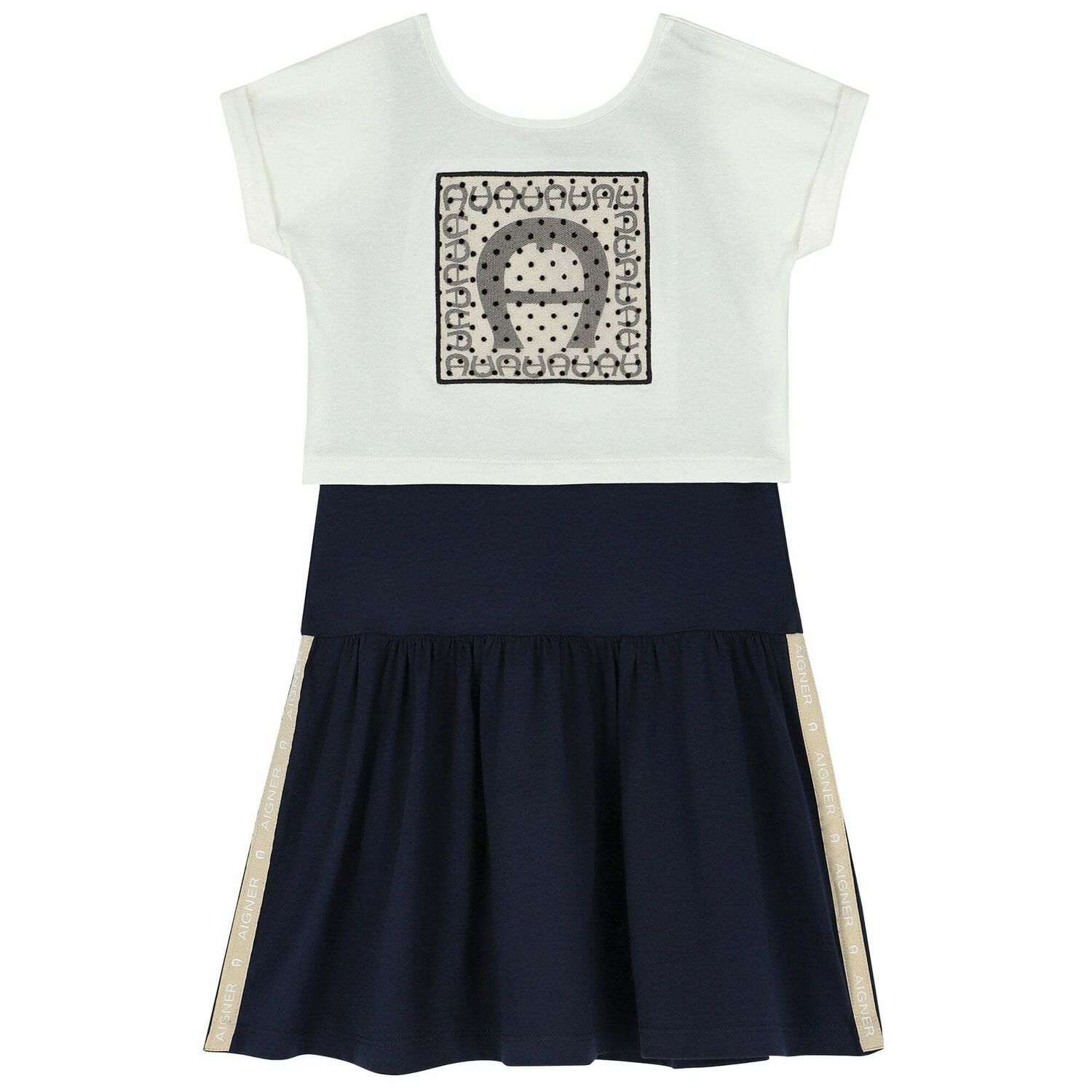 Girls Navy Blue & Ivory Logo Dress Set, 1, hi-res