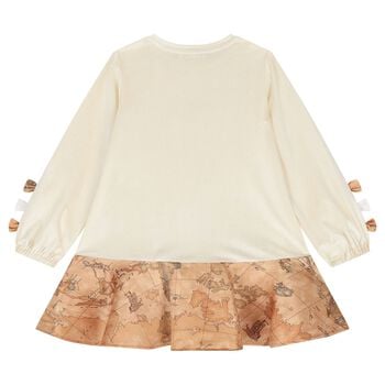 Girls Beige Geo Map Bow Dress