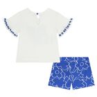Girls White & Blue Flower & Heart Shorts Set, 1, hi-res