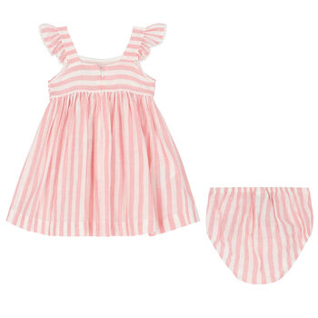 Younger Girls Pink & Ivory Striped Dress Set