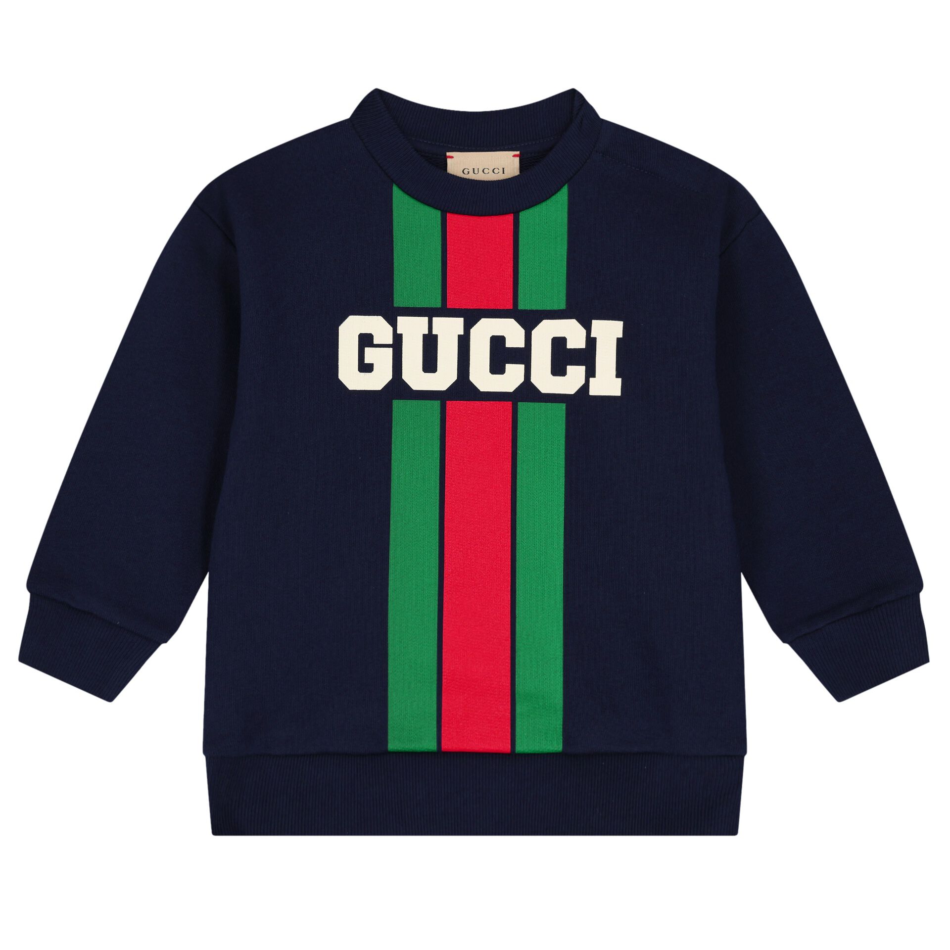 Gucci Younger Boys Navy Blue Logo Web Striped Sweatshirt Junior Couture UAE
