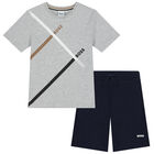 Boys Grey & Navy Blue Shorts & T-Shirt Set, 2, hi-res