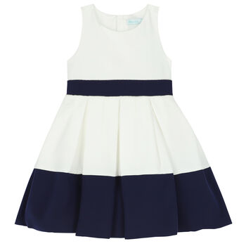 Girls White & Navy Crepe Dress