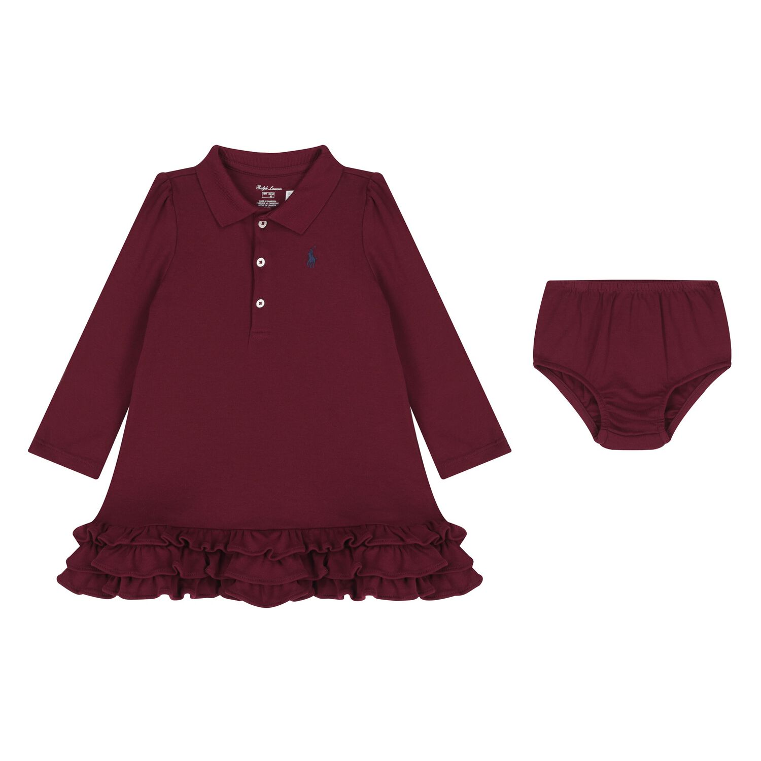 Baby Girls Burgundy Ruffled Polo Dress Set, 2, hi-res