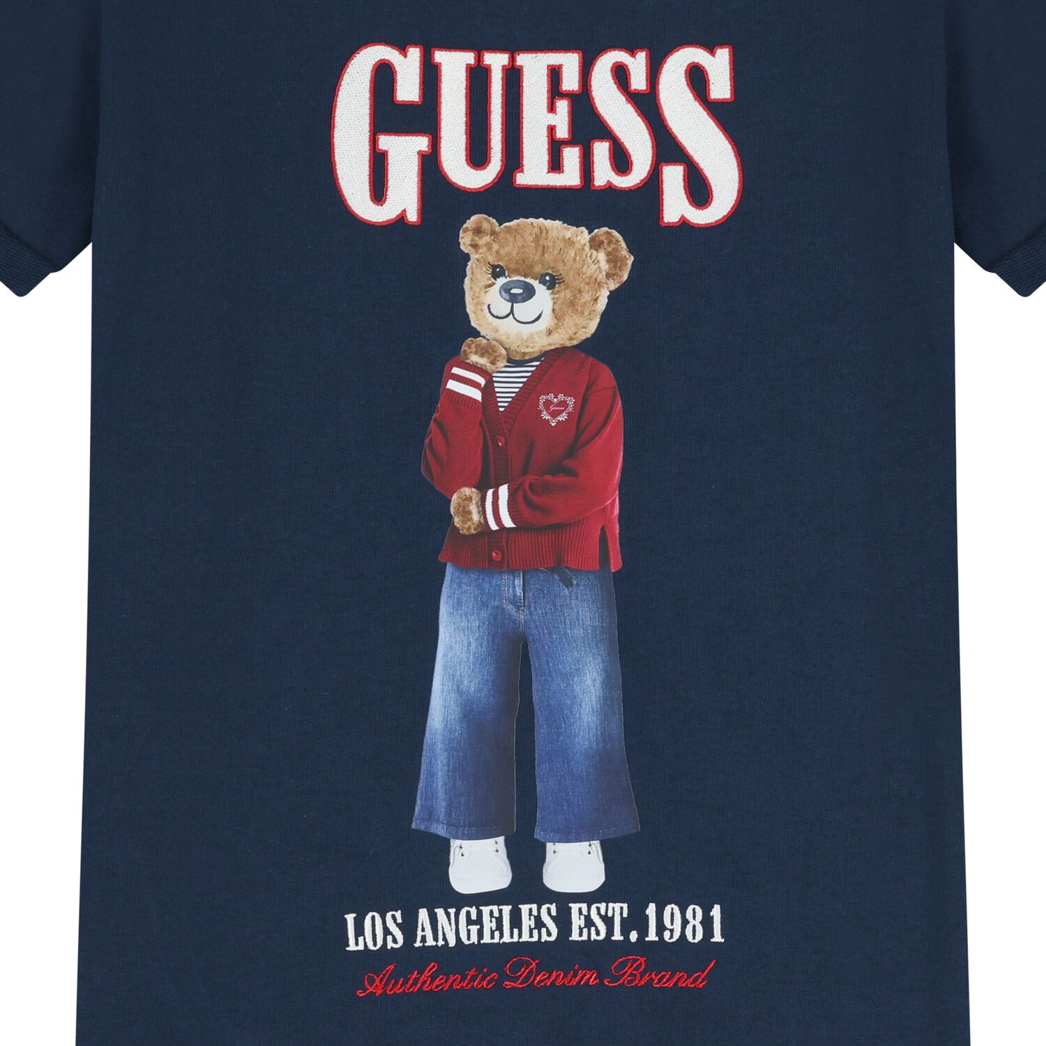 فستان بشعار تيدي بير باللون الازرق الداكن للبنات , 2, hi-res