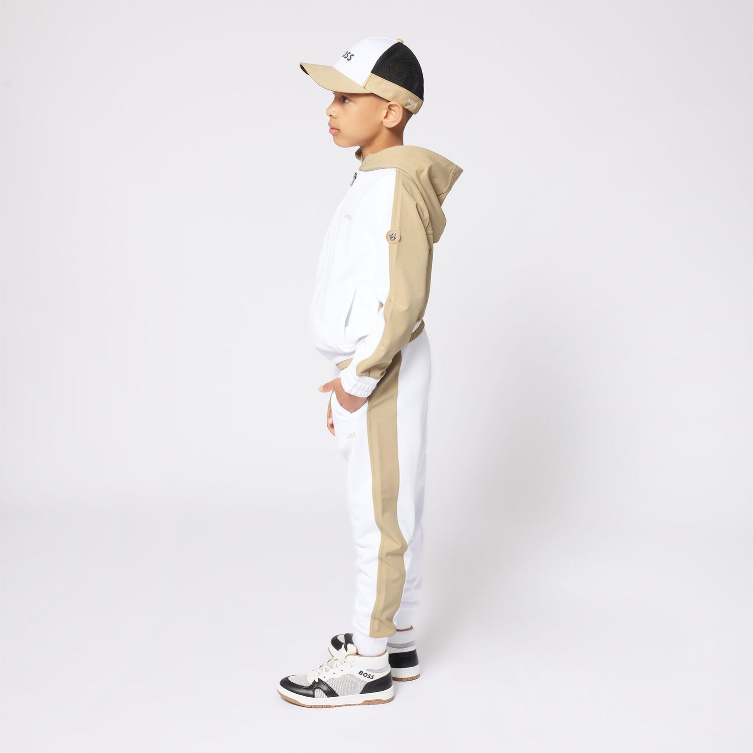 Boys White, Beige & Black Logo Cap, 1, hi-res