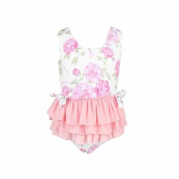 Younger Girls White & Pink Printed Swimsuit