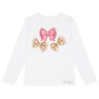 Girls White Bow Long Sleeve Top, 1, hi-res
