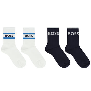 Boys White & Navy Blue Logo Socks (2 Pack)
