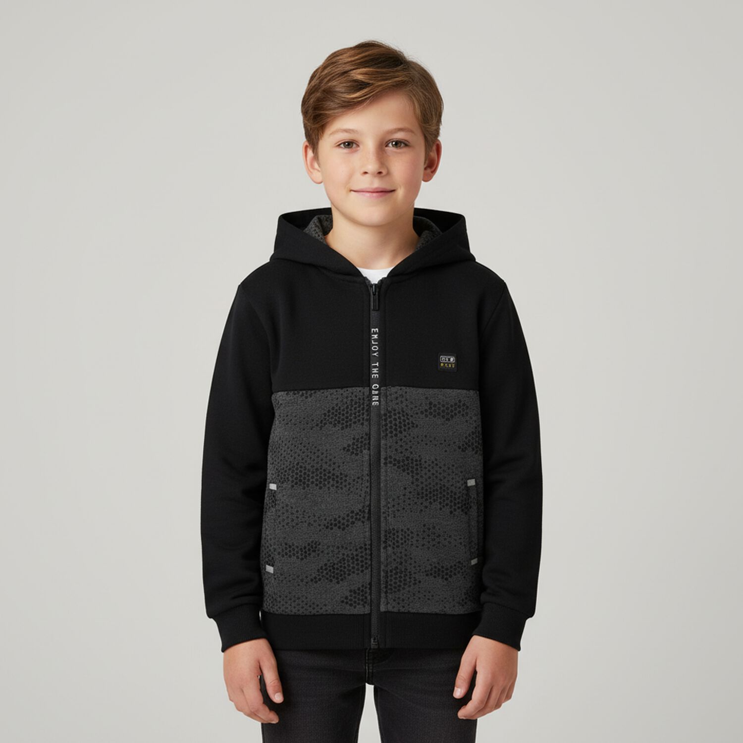 Boys Black Zip Up Top, 1, hi-res