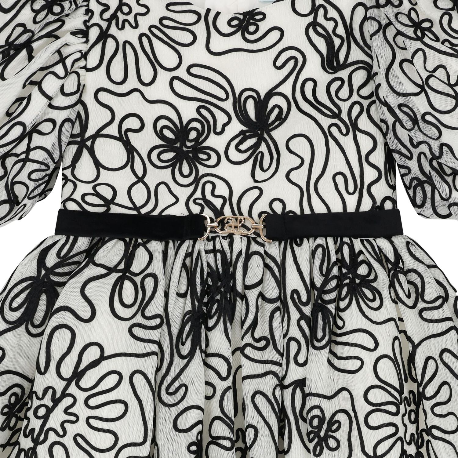 Girls Ivory & Black Ribbon Floral Tulle Dress, 1, hi-res