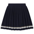 Girls Navy Blue Logo Knitted & Pleated Skirt, 2, hi-res