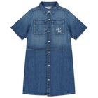 Girls Blue Logo Denim Dress, 1, hi-res