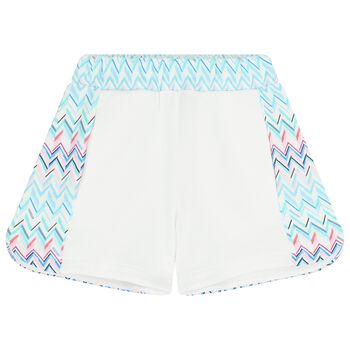 Girls White & Blue Logo Zig Zag Shorts