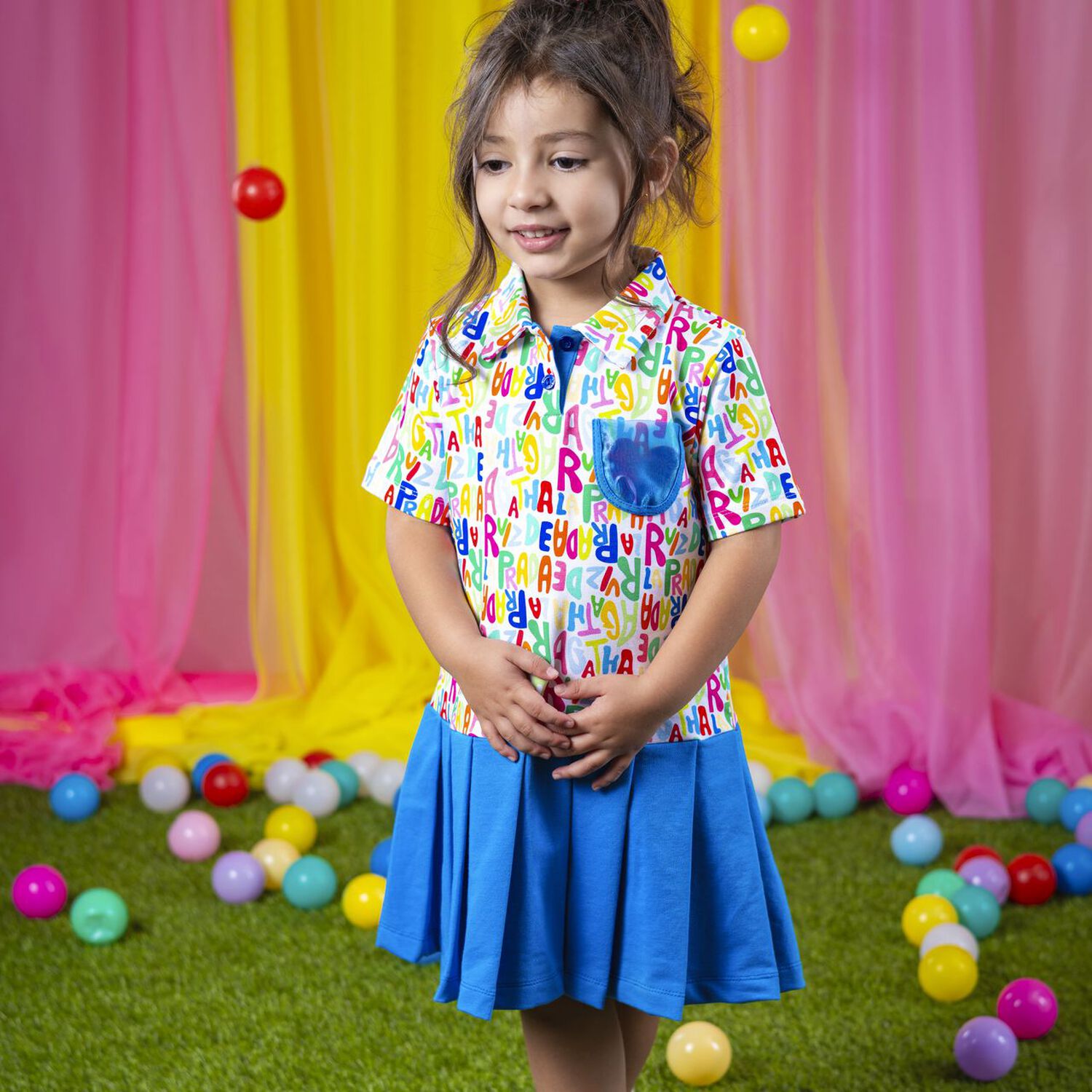 Girls White & Blue Logo Pleated Dress, 1, hi-res