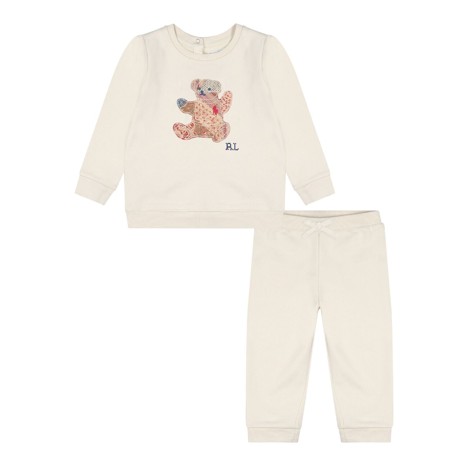 Baby Girls Beige Patchwork Bear Tracksuit, 1, hi-res