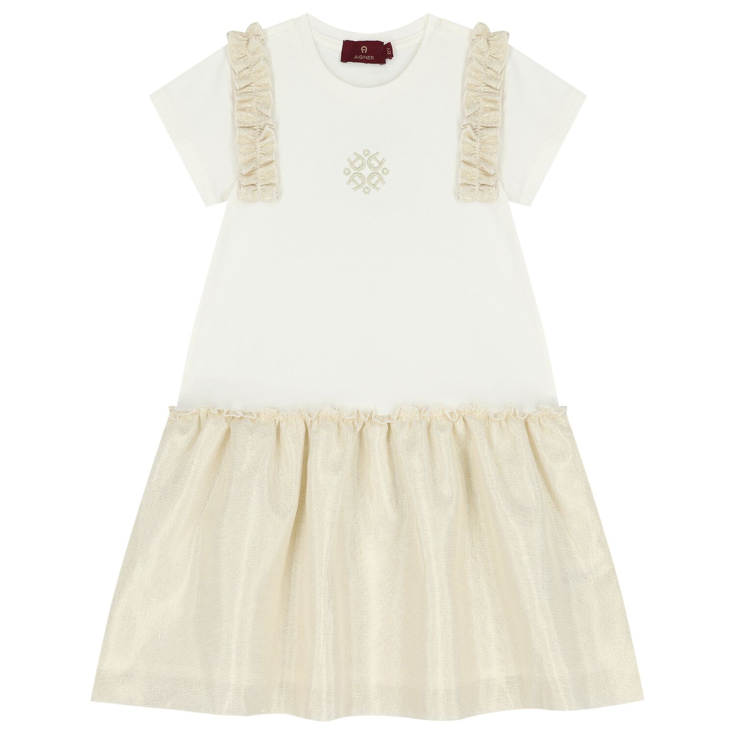 Girls Ivory & Gold Logo Dress, 1, hi-res