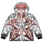 Girls Silver Metallic Star Puffer Jacket, 1, hi-res
